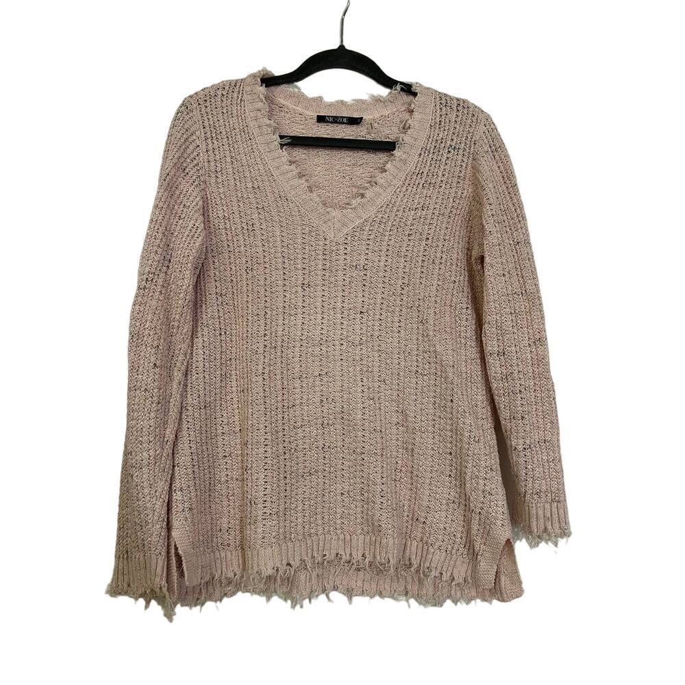 Nic + Zoe Pink Fringe Hem V Neck Sweater Sz M